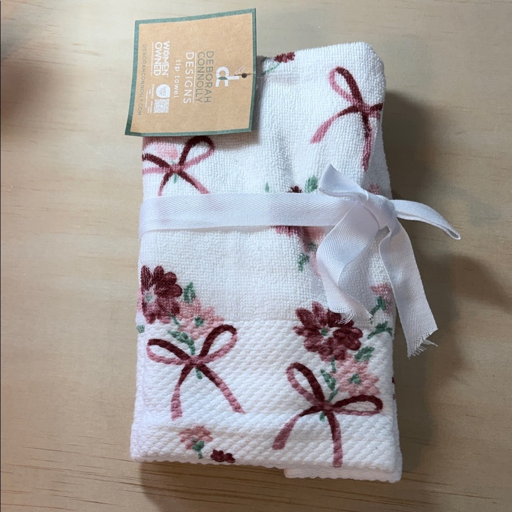 Deborah Designs Floral Bow Embroidered Hand Towel - White with Rose NWT